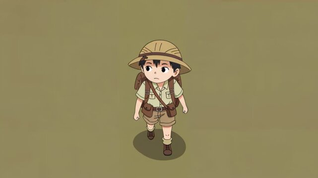 Adventurous Boy Explorer: A young boy in safari attire, wearing a pith helmet and backpack, embarks on an imaginative adventure, ready to explore the unknown with a curious gaze.