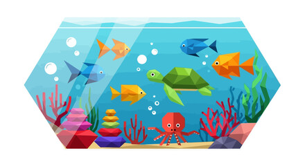 Colorful Geometric Aquarium with Fish, Turtle, Octopus, and Coral © A.CHOMSIN