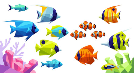Colorful low poly fish school and coral reef, isolated on white background © A.CHOMSIN