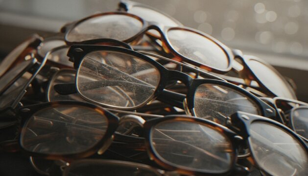 A close-up pile of multiple pairs of vintage-style horn-rimmed eyeglasses with dusty lenses, showing a cluttered collection.