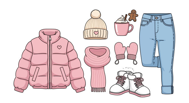 Cozy Winter Outfit Flat Lay: Pink Puffer Jacket, Scarf, Hat, Mittens, Jeans