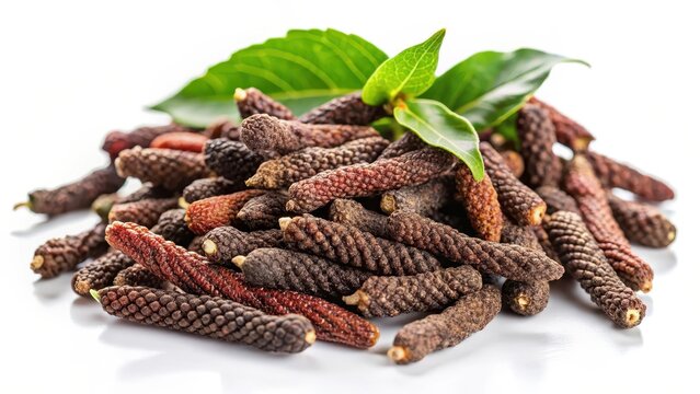 Dry indian long pepper on a white background piper longum piper retrofractum herbal medical plant concept