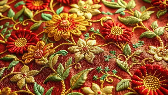 Festive vintage fabric with embroidered floral patterns in gold and red