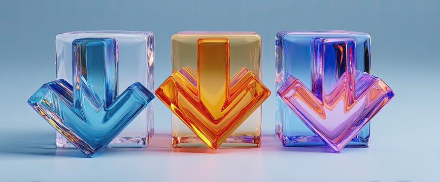 Three translucent glass arrows pointing down in blue, orange, and purple hues.