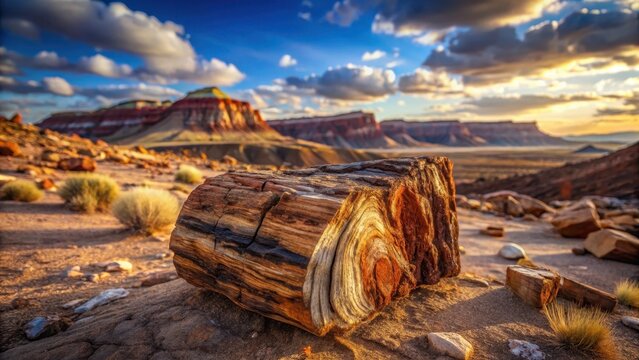 Petrified desert landscape with a close up a piece of pertrified log