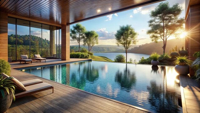 Swimming pool with lake view