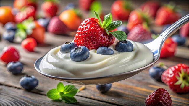 Pixel perfect image of full spoon of yogurt ready to eat