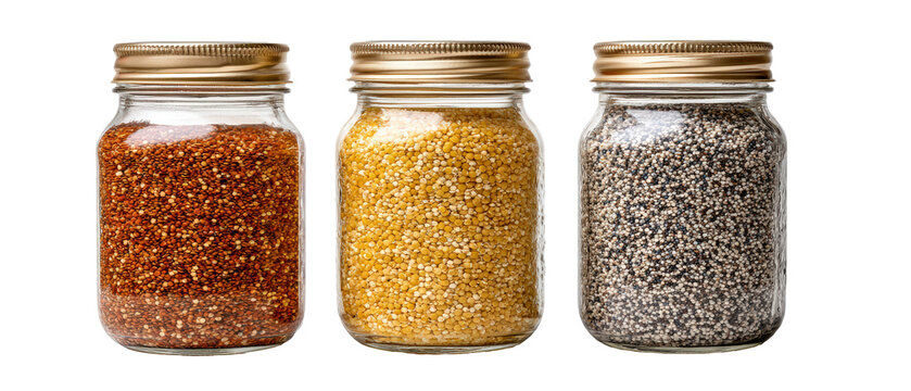Three glass mason jars with metallic lids filled with colorful raw grains and seeds arranged in a row isolated on transparent background for professional food storage and kitchen