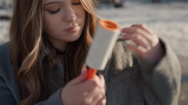 Pretty woman adjusting coat collar while using lint roller, sunlit face and long hair falling over shoulder, subtle makeup and reflective gaze, urban park background and calm commuter mood