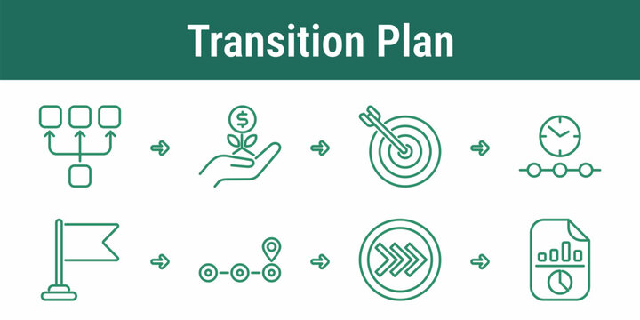 Climate transition line icons with roadmap targets factory emissions renewable energy grid planning and analytics for ESG strategy and decarbonization design
