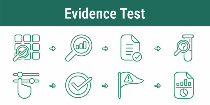 Evidence test workflow icons with materiality matrix metric review approved documents lab check controls approval warning flag and final report for ESG assurance design