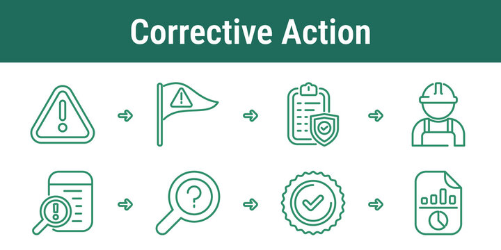 Corrective action workflow icons with risk alert warning flag compliance checklist worker review issue search approval badge and performance report for supplier ESG management