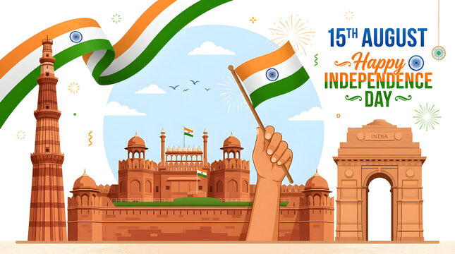 Celebration of Indian Independence Day with Flag and Landmark in Bright Colors