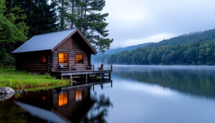 Fototapeta premium Cozy Log Cabin on Calm Lake at Misty Dawn