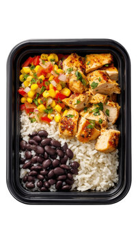 Top view of a grilled chicken burrito bowl with rice beans and corn salsa in a plastic container isolated on a transparent background for fitness meal prep diet planning