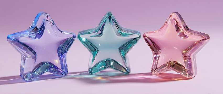 Three translucent star-shaped objects in pastel colors, blue, green, and pink, casting soft shadows on a light background.