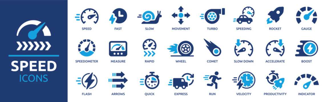 Collection of performance and motion icons vector graphic set including speedometer acceleration rapid velocity fast and quick indicators