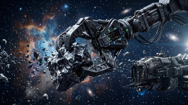 Robotic arm capturing asteroid for mining in deep space, futuristic space mining vessel extracting resources from asteroid belt