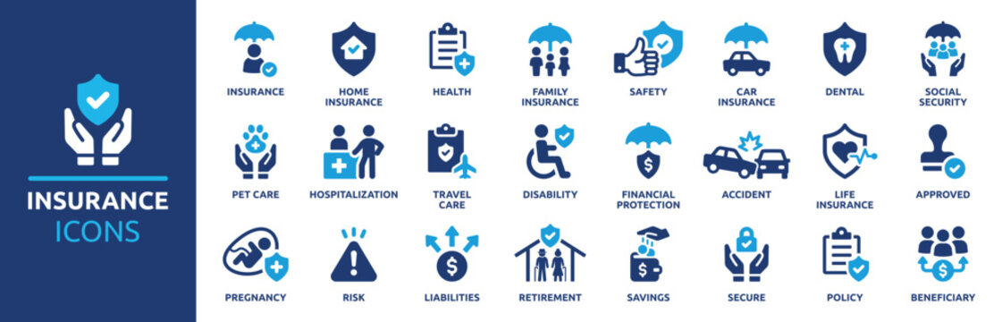 Collection of insurance icons health, life, car, home, business, travel, accident, social security, disability, property, retirement, and legal protection