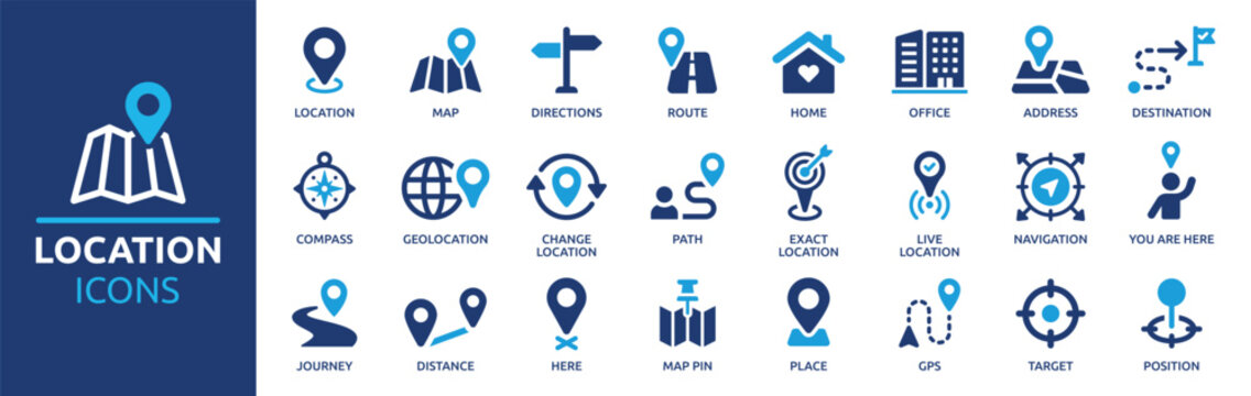 Map pin and navigation vector icons set including GPS route tracking compass direction path distance destination and positioning elements