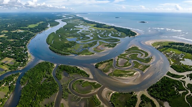 Aerial View of River Delta Meeting Ocean Serene Landscape