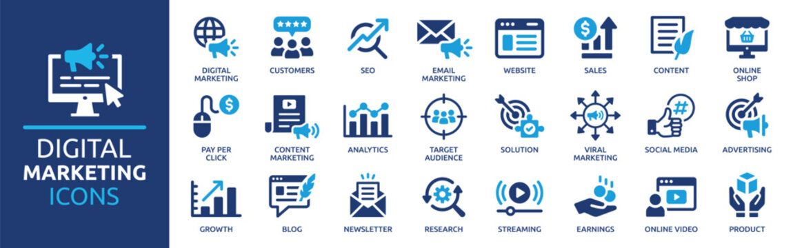 A Comprehensive Collection of Digital Marketing Icons, Covering SEO, Content, Social Media, Email, Analytics, and More for Online Business Promotion and Growth Strategies