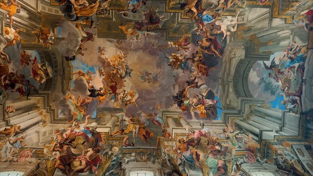 A breathtaking interior view of Sant Andrea della Valle in Rome, showcasing magnificent golden ornaments, high marble columns, and exquisite Baroque frescoes painted on the grand church ceiling.

