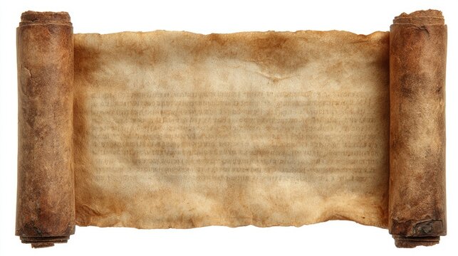 Ancient Scroll with Aged Parchment and Rolled Edges on White Background.