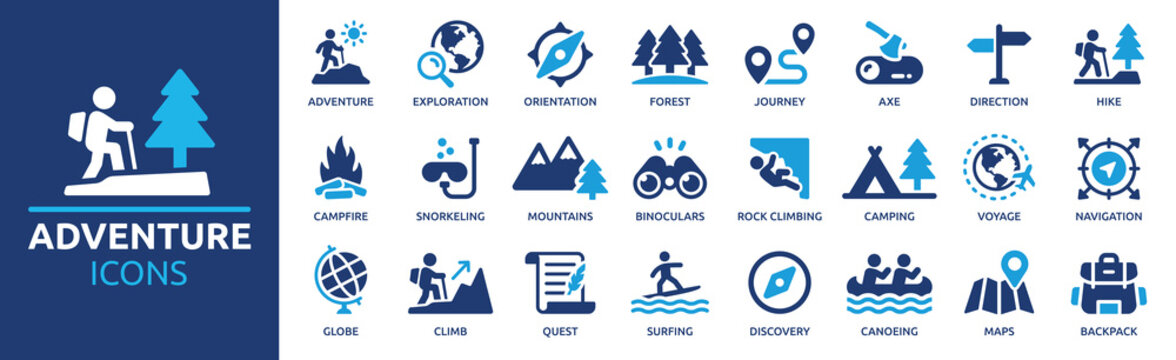 Diverse vector adventure icons collection for outdoor exploration, travel, and camping activities, ideal for modern digital design projects and user interfaces