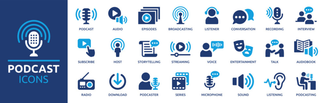 Comprehensive collection of vibrant blue vector icons representing various aspects of podcasting, audio streaming, digital broadcasting, and media communication services for modern applications 