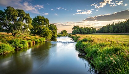 Obraz premium Serene River Flowing Through Lush Green Landscape at Sunset.