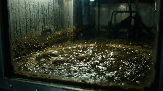 Focused medium view of dynamic gas pockets forming in organic slurry within a biogas chamber highlighting textured dark background and glossy liquid layers under moody lowlight