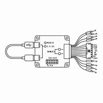 Technical line art illustration of a JTAG SWD hardware debugger interface module with USB connectivity and labeled pinout connections