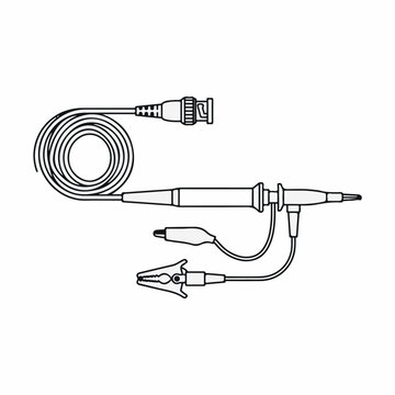 Oscilloscope probe with BNC connector and alligator ground clip in a simple black and white line art illustration style for technical use