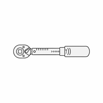 Line art illustration of a torque wrench tool with a measurement scale and a square drive head isolated on a plain white background