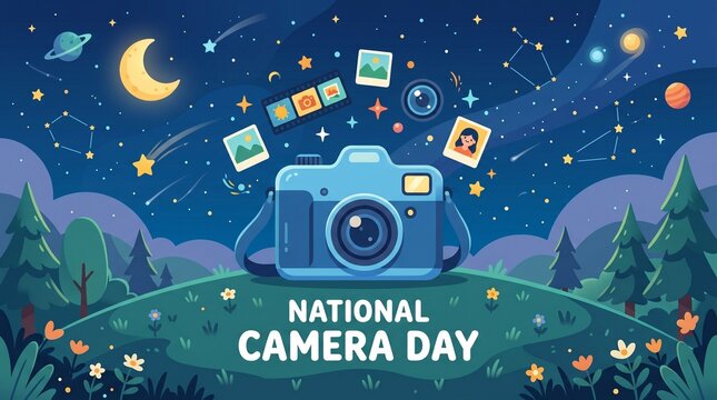 Blue camera icon floating with photographs under a starry sky