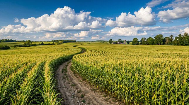 A wide-angle landscape photograph of a vast, golden-green cornfield in full summer growth. Warm daylight, peaceful rural scenery.
