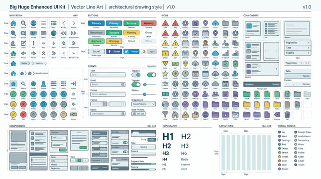 Vector UI Elements Kit: Line Art Icons, Buttons, Forms, Charts for Web & App Design