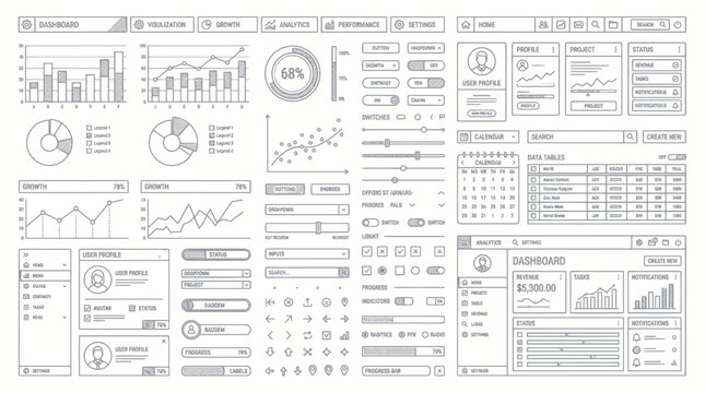 Dashboard UI Elements Sketch: Charts, Graphs, Buttons, Forms, Tables, Calendar