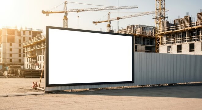 large blank billboard mockup on construction site fence with cranes and unfinished buildings, real estate advertising template