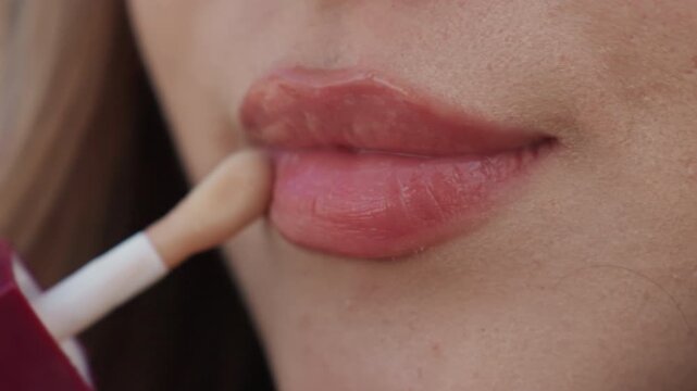 Macro lips applying glossy balm tutorial, productfocused demonstration with precise applicator, smooth swatch across lower lip, polished texture and true shade reveal, makeup artist demo ideal