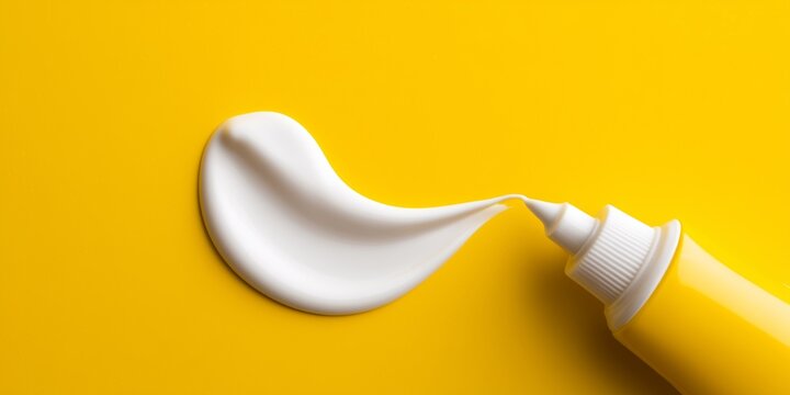 Macro photography of white sunscreen applied on a bright yellow background with free space for text