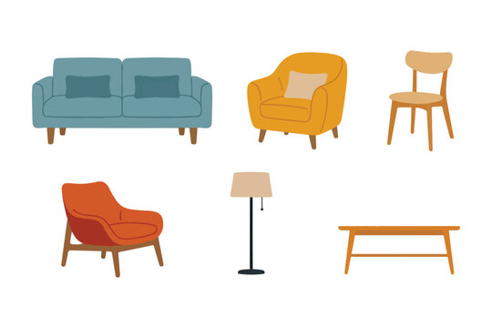Cute aesthetic furniture and home decor vector set. Minimalist scandinavian interior elements collection isolated on white background
