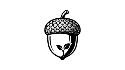 Black and white illustration of an acorn with a sprouting seedling inside against a clean white background. © ahmad