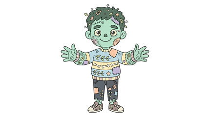 A green cartoon zombie wearing a colorful sweater and black pants with patches stands with outstretched arms against a plain white background. © ahmad