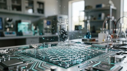 Obraz premium Futuristic scientific workspace featuring a hovering transparent vial of graphene nanoparticles reflective surfaces and subtle glowing data particles over a silver and teal carbon