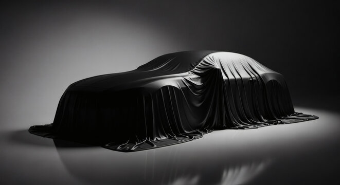 Luxury car covered by black silk fabric sheet in a dark studio setting for a professional vehicle reveal presentation showcase