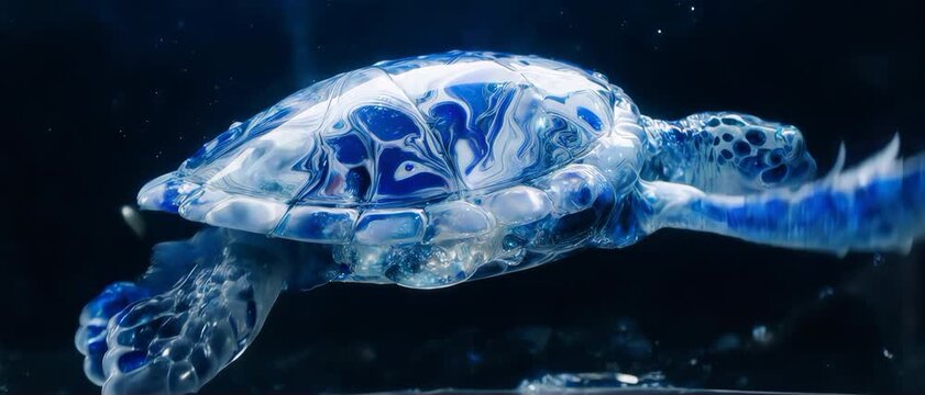 Pearlescent Liquid Fluid Sea Turtle Swimming in Sapphire Blue Resin