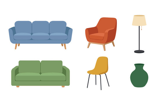 Cozy living room interior elements with sofas and houseplants flat vector illustration. Mid century scandinavian furniture clipart set isolated on white background