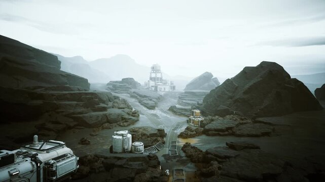 remote mining colony in rocky canyon, foggy dawn with industrial modules and rovers navigating gravel roads between towering basalt ridges, hazy atmosphere